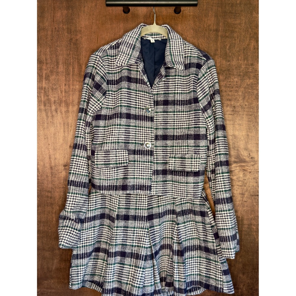 Plaid Tweed Skirt Suit Set Navy Green White Cropped Blazer Pleated Mini Skirt